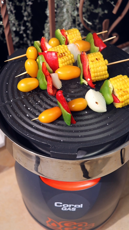 Colorful vegetable skewers grilling on the Smart Grill