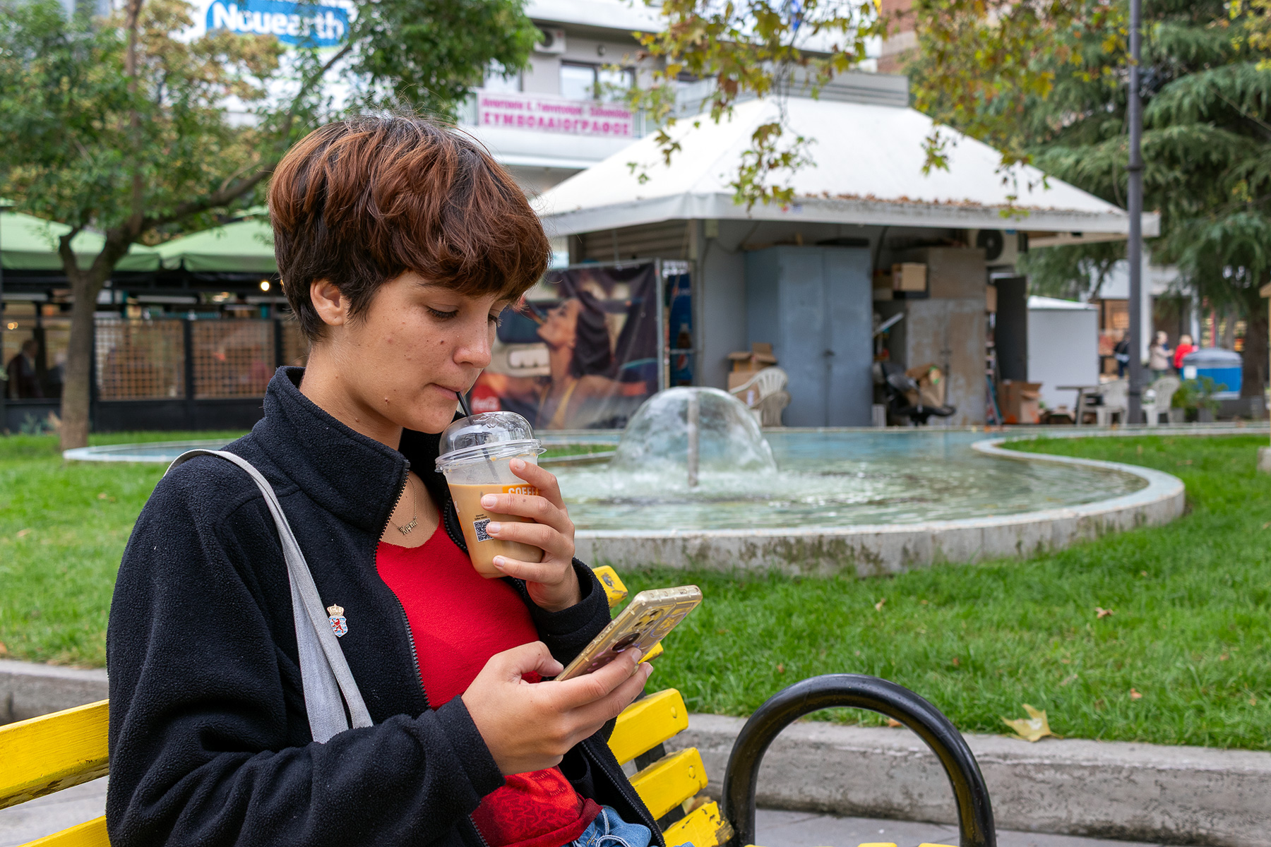 Anna sitting at her favorite bench in Plateia Eleftherias, Katerini, Pieria Greece