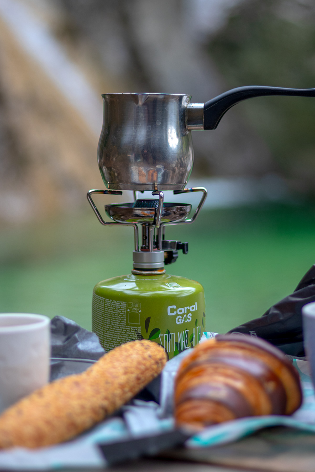 Greek coffee and Olympus tea brewed outdoors near Agia Kori waterfall using a small gas burner