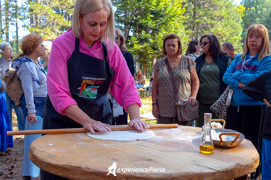 Elpida Charalampidou preparing handmade mushroom pie in Elatochori