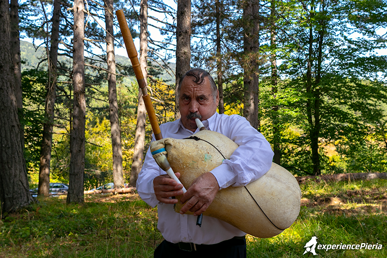 Musician playing a traditional instrument in the forest of Elatochori