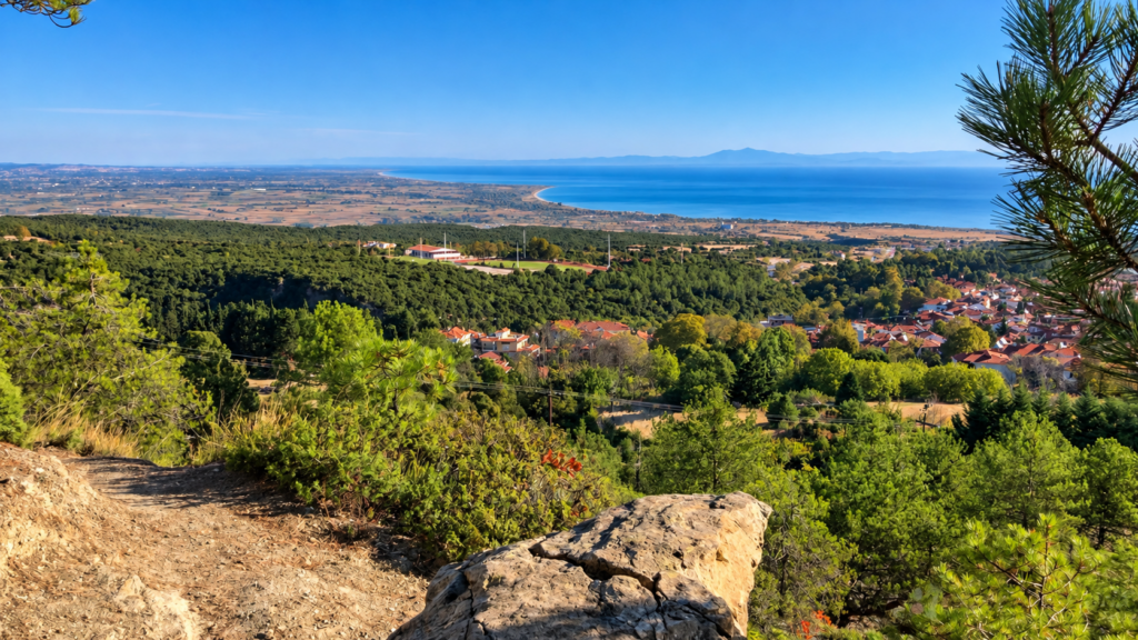 Panoramic morning view over Litochoro, Pieria, the surrounding forest and the Thermaic Gulf from a mountain trail