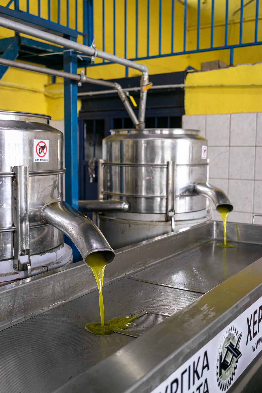 Freshly extracted olive oil flowing from the processing equipment at an olive oil mill in Pieria, Greece.