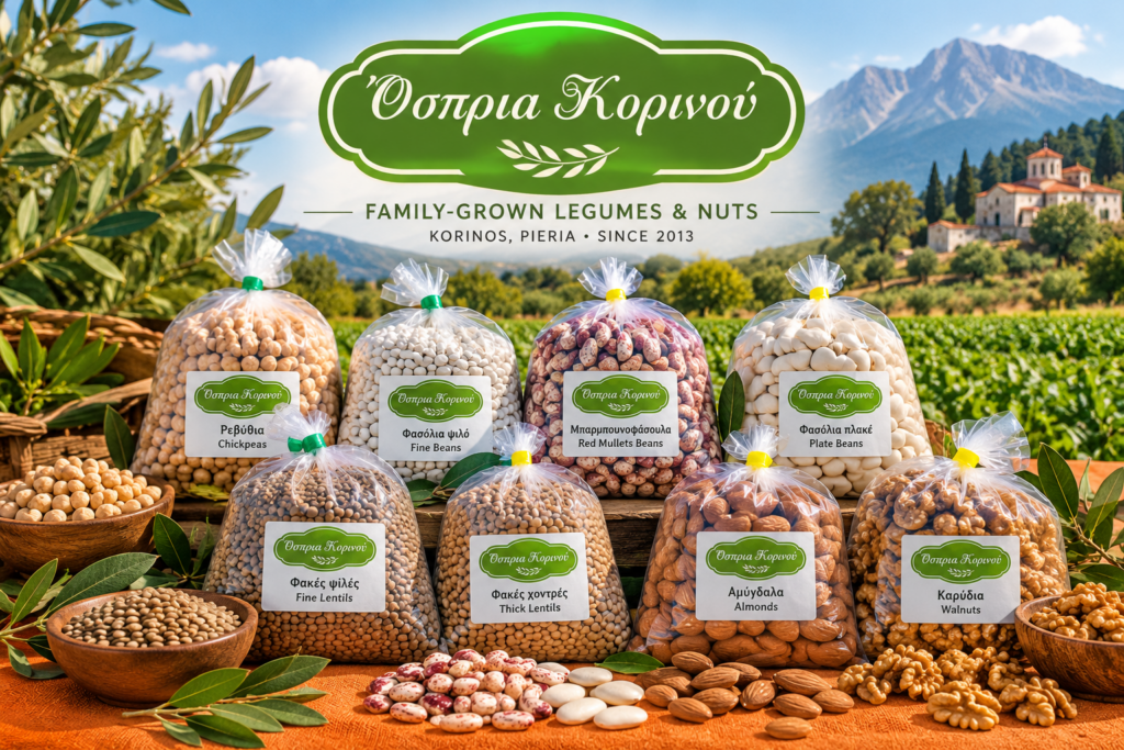 Bags of locally produced legumes and nuts from a family-run agricultural business in Korinos, Pieria, Greece.